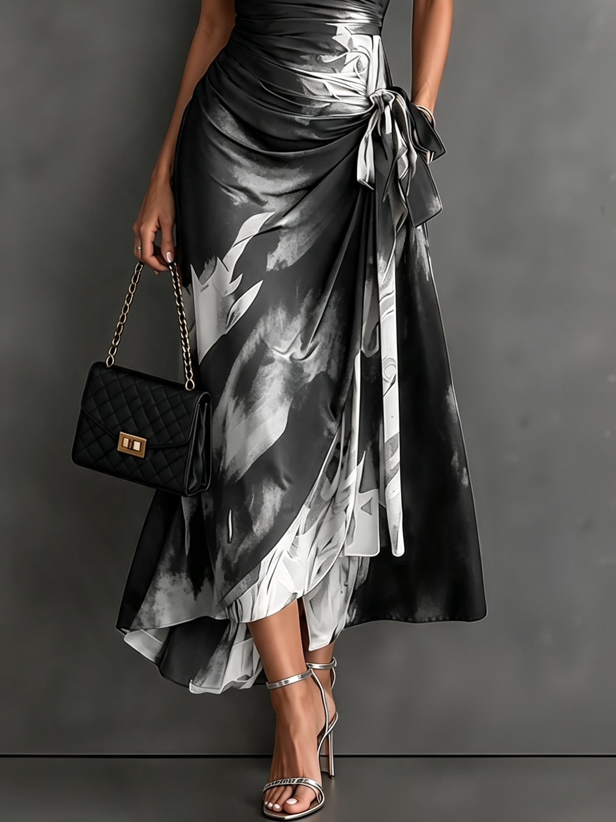 Carlotta | Midi Dress in Abstract Print, Black and White