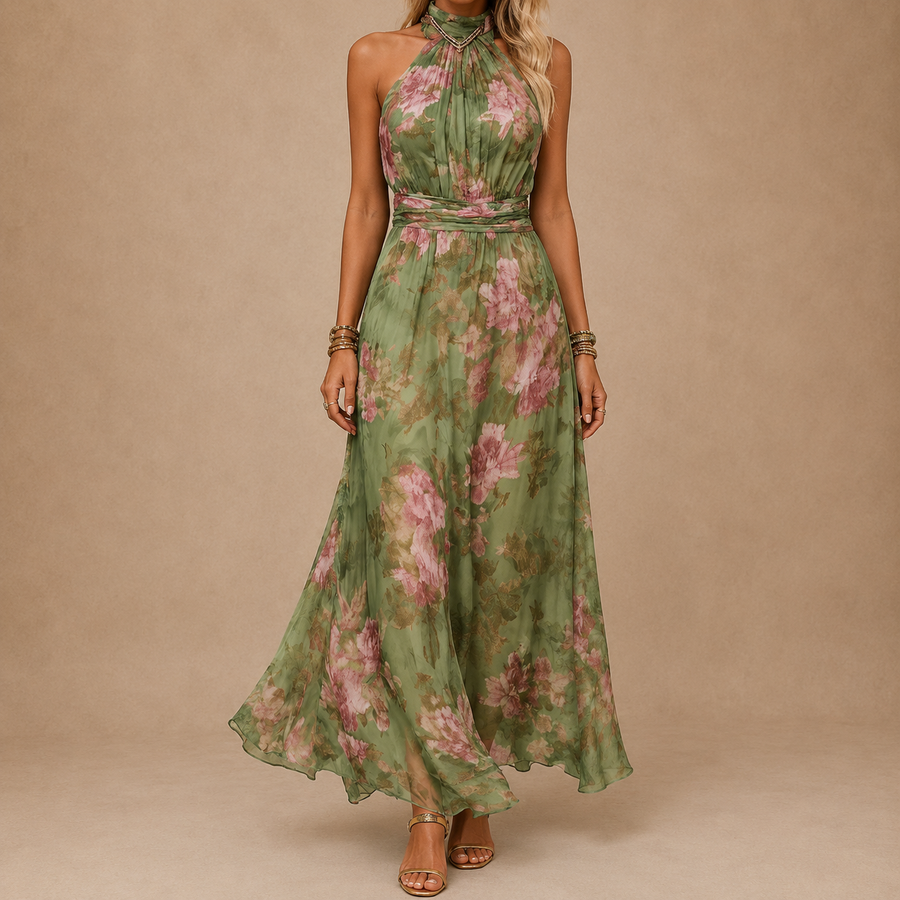 Serena | Floral Chiffon Maxi Dress with Halter Neckline