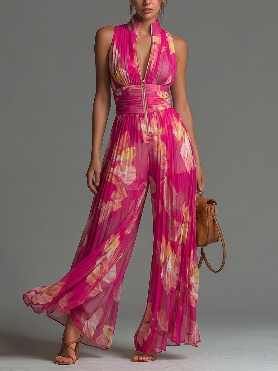 Serafina | Fuchsia Floral Pleated Chiffon Jumpsuit